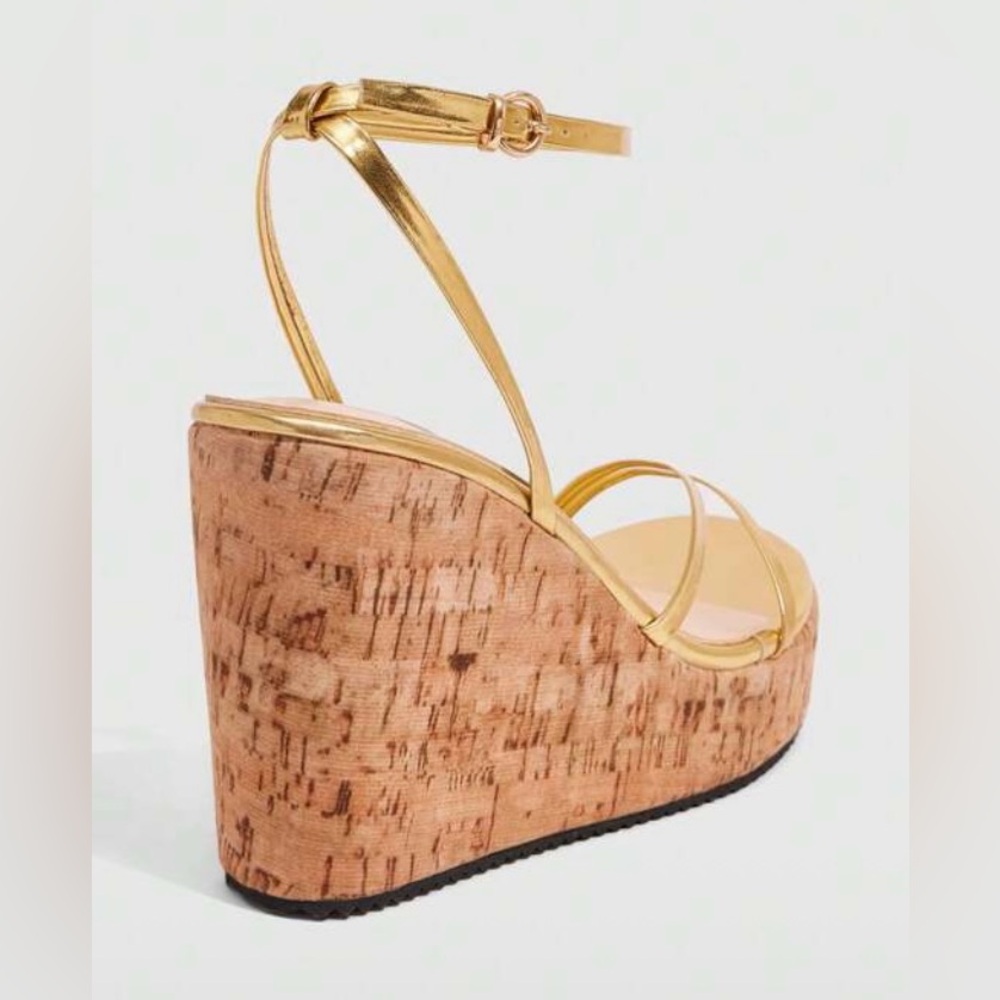 Gold Strappy Cork Wedge Heels, Sandals | 6.5 | New | 4.3” Heel, 1” Platform - Picture 6 of 8